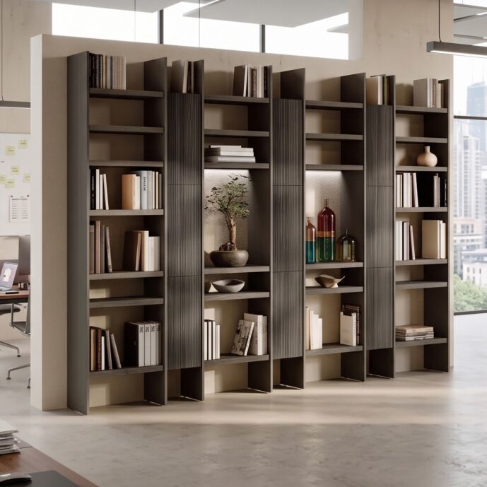 Libreria ufficio con pensili, Noce scuro, Grigio cenere e Rovere grigio