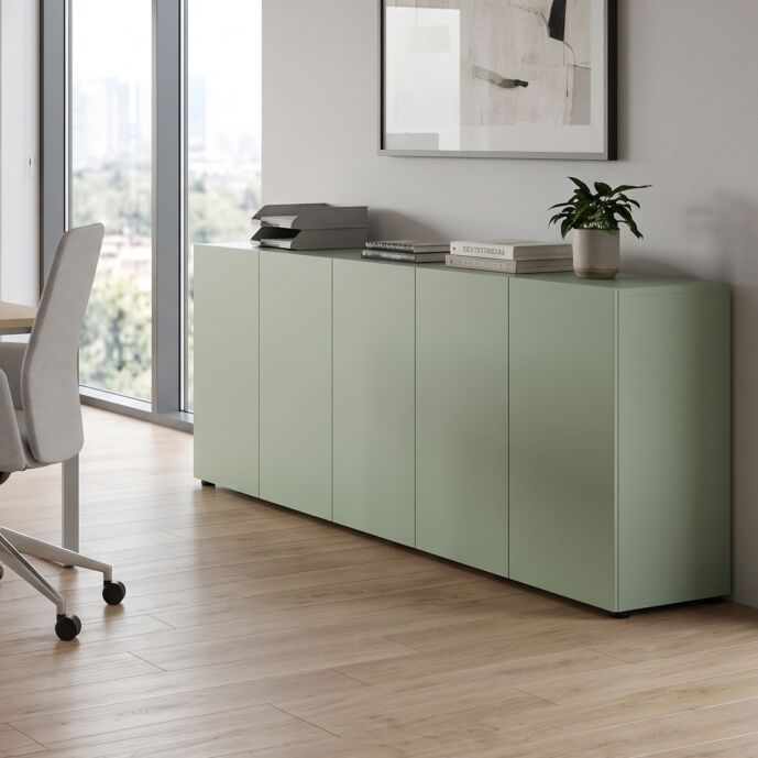 Mobile contenitore da ufficio, 5 ante, Verde salvia laccato