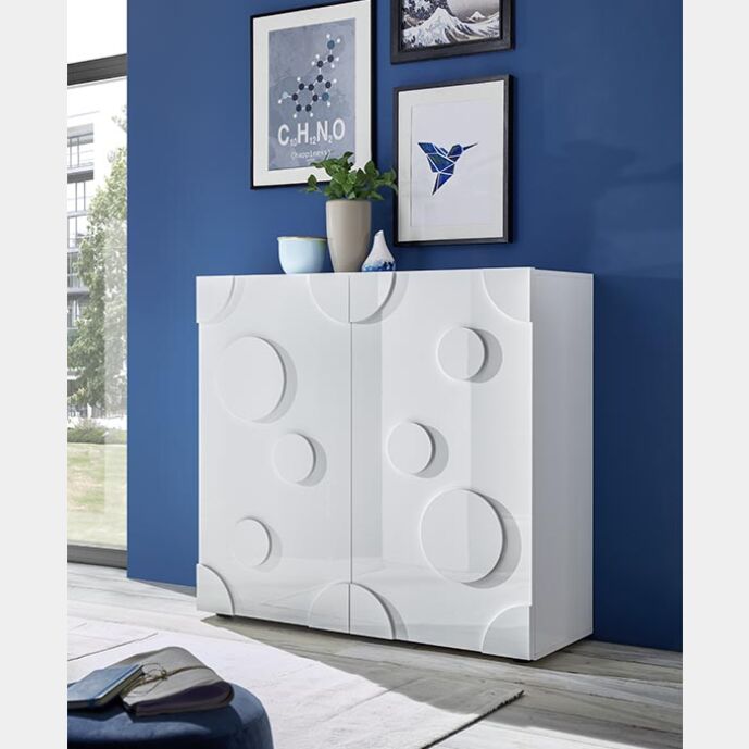 Madia contenitore Cerchio a 2 ante, finitura bianco lucido, design moderno