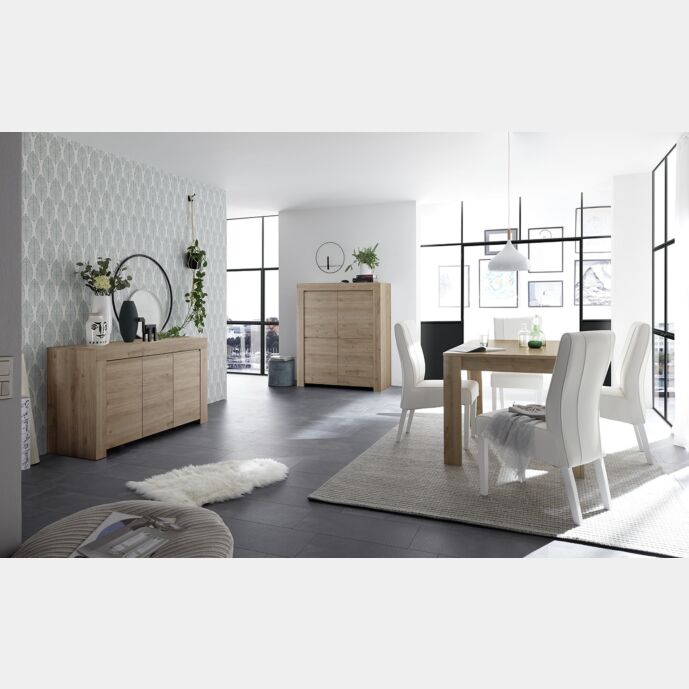 Sala di design composta da Madia alta, Madia 3 ante e Tavolo allungabile, finitura Rovere Cadiz
