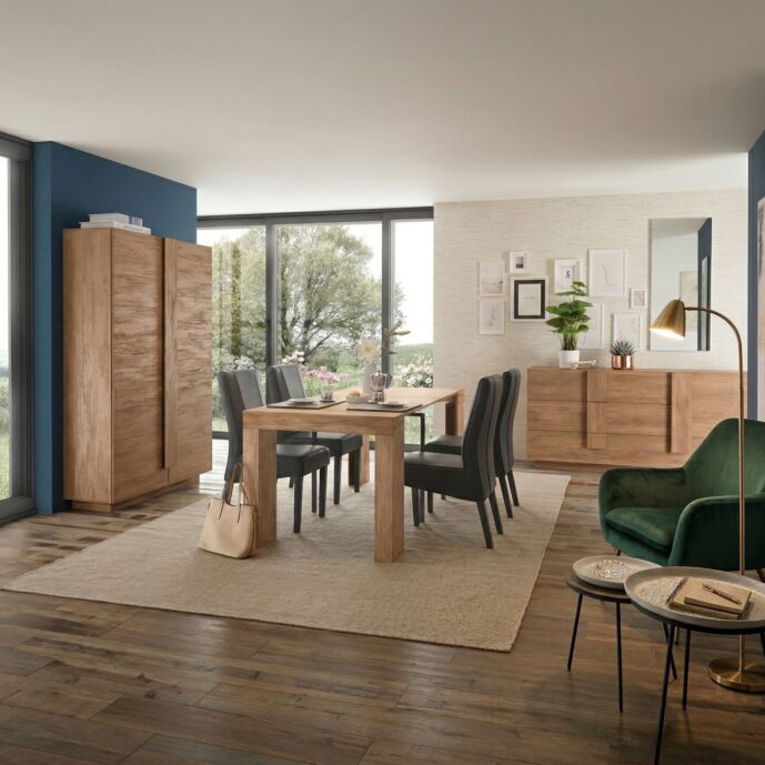 Soggiorno moderno scontato con tavolo, credenza e colonna in finitura Mercure