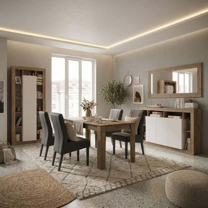 Soggiorno con madia alta, tavolo e madia larga a 3 ante, Mercure e Cashmere