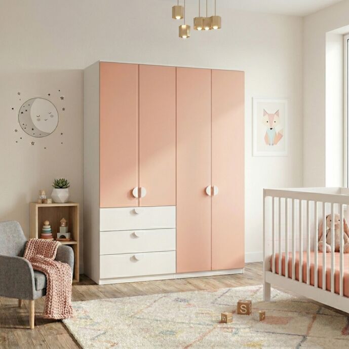 Armadio 4 ante 3 cassetti, Bianco opaco e Flamingo, L.183