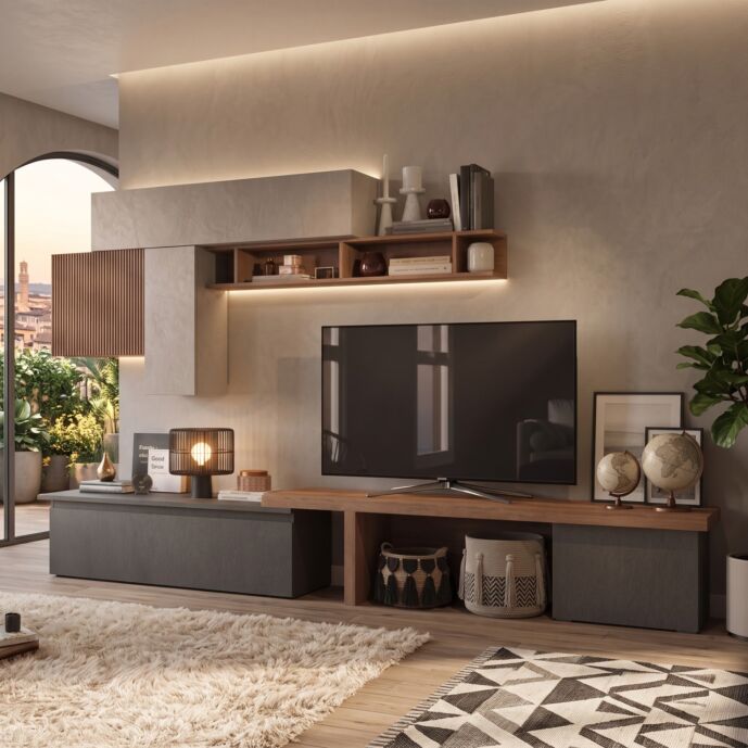 Parete Attrezzata Moderna 280x40x202 h cm, Mercure cannettato, Argilla e Lava, collezione Logica