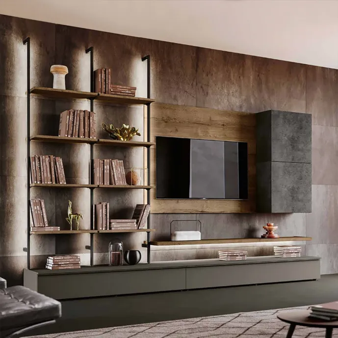 parete con libreria illuminata