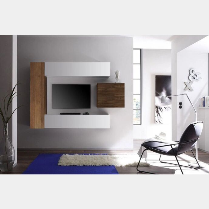 Parete attrezzata moderna di design, Noce Dark, Mercure e laccato bianco - 196x169 cm
