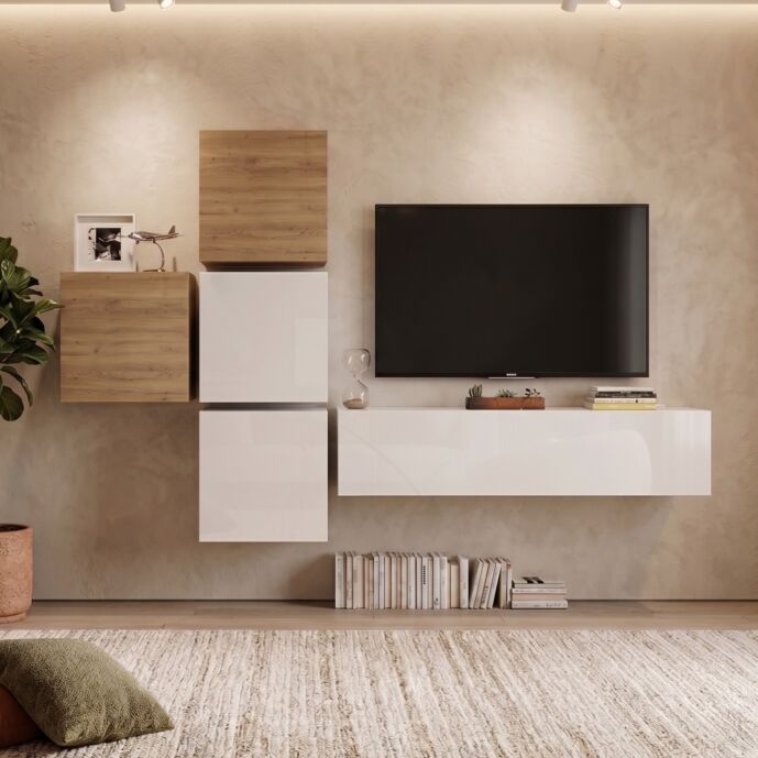 Parete attrezzata moderna di design, Cadiz e Bianco Lucido - 327x169 cm