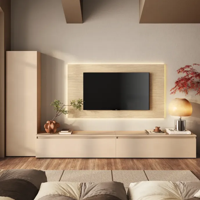 Parete attrezzata moderna con pannello tv, L.330 H.186, Cashmere e Travertino