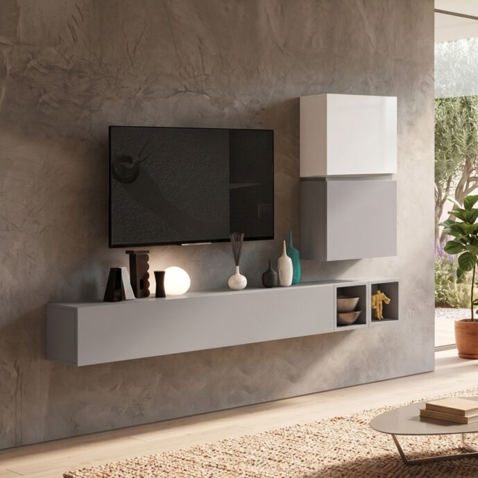 Parete attrezzata moderna con pensili in finitura Bianco lucido, Gesso