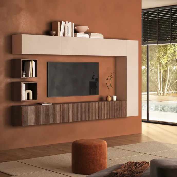 Parete attrezzata moderna sospesa, L.236 H.180, Mercure cannettato e Cashmere
