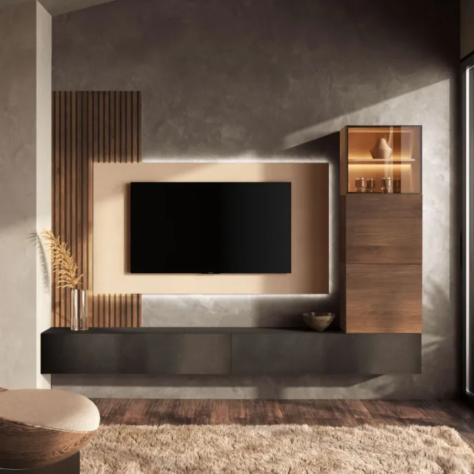 Parete moderna sospesa, Mercure cannettato, Lava, Cashmere e Mercure