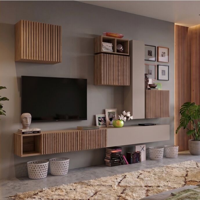 Parete attrezzata, moderna e di design, Mercure cannettato e Cashmere