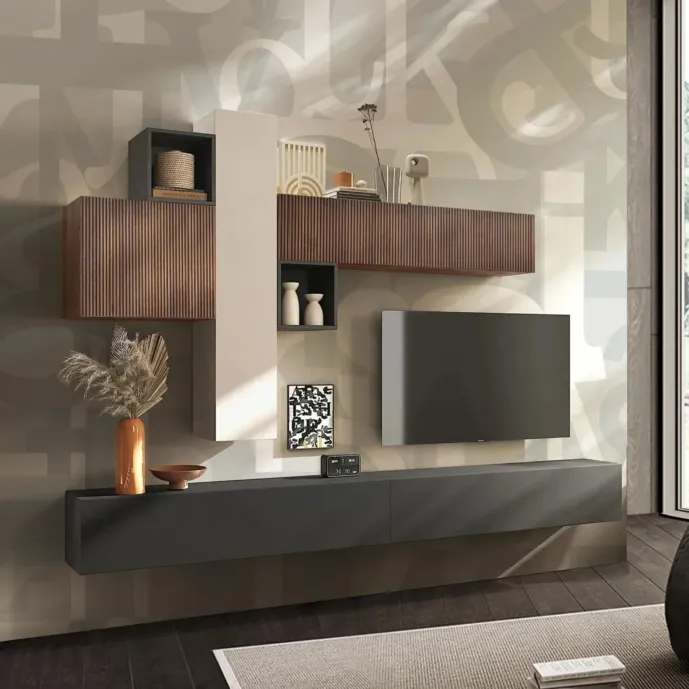 Parete attrezzata 276x30x175 h cm, Cashmere, Lava, Mercure cannettato, collezione Logica Zenzero Shop