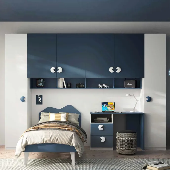 Armadio a ponte per camerette, Bianco opaco e Blu navy, L.333