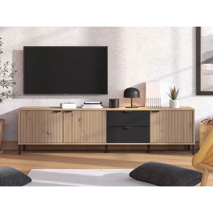 Crafts And Comfort Mobile TV Moderno – Per TV 55-65 Pollici – Nero E Marrone Con Armadi E Ripiani
