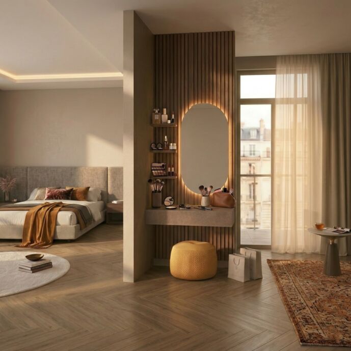 Postazione trucco co boiserie, mensole e cassetto, Mercure cannettato e Bronzo