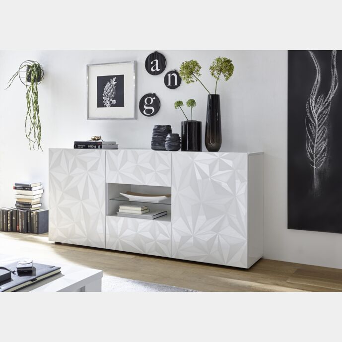 Madia 2 ante e 2 cassetti, bianco laccato lucido con serigrafia prismatica