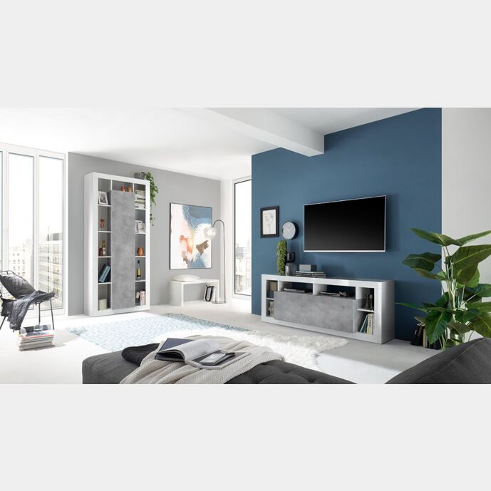Salotto moderno composto da porta TV e libreria colonna, finitura Bianco lucido e Cemento