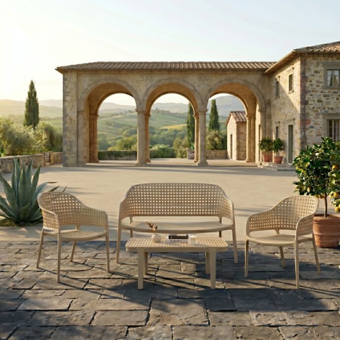 Salottino da esterno con poltrone, divanetto e tavolino, Beige