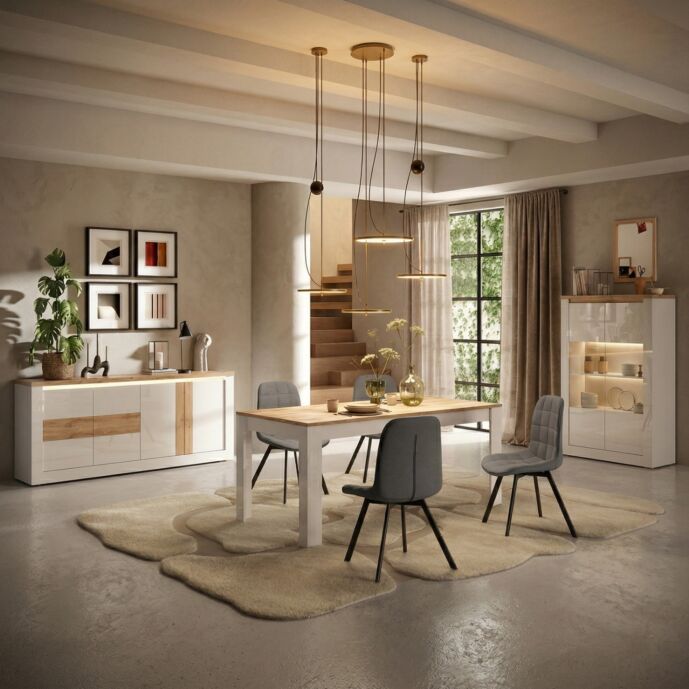 Soggiorno moderno, con 1 madia 1 tavolo e 1 vetrina, Bianco lucido e Cadiz