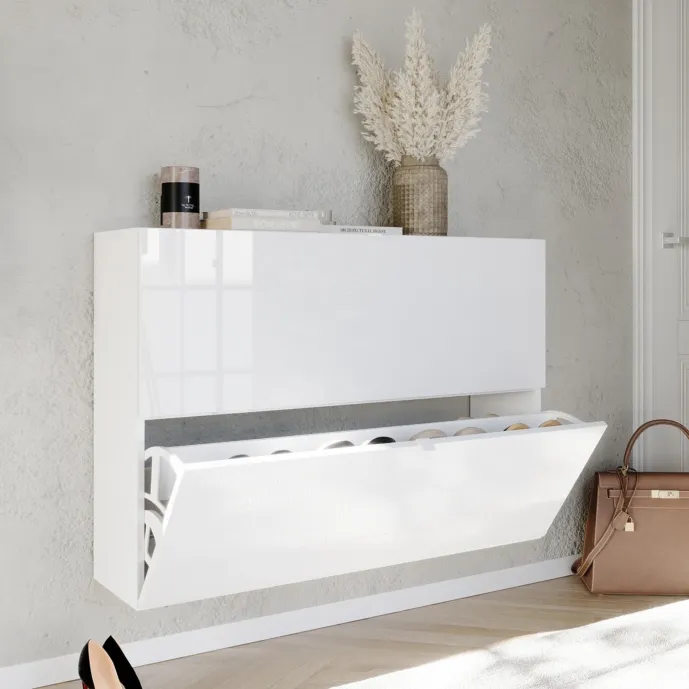 Scarpiera sospesa 2 ribalte, 110x75x25 h cm, Bianco lucido 