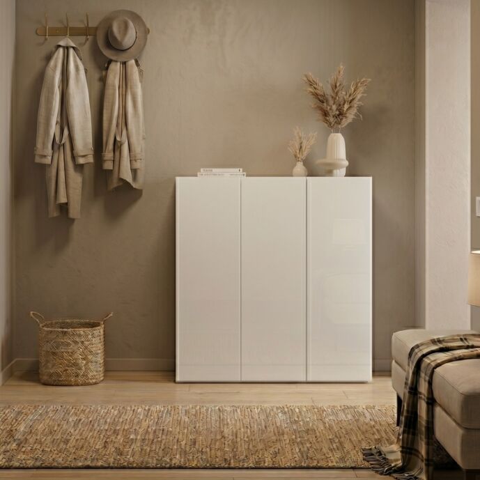Scarpiera bassa 3 ante, 95x116x35 h cm, Bianco lucido