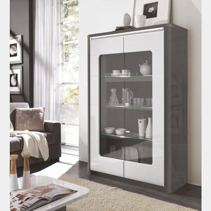 Vetrina 2 ante, grigio basalto lucido e bianco lucido, made in Italy