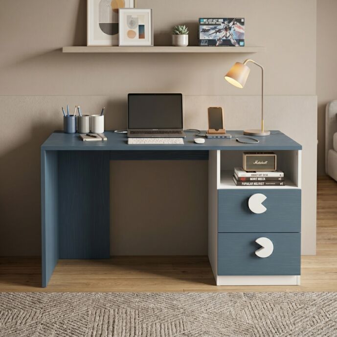 Scrivania 2 cassetti, 1 vano per camerette, Bianco opaco e Blu navy