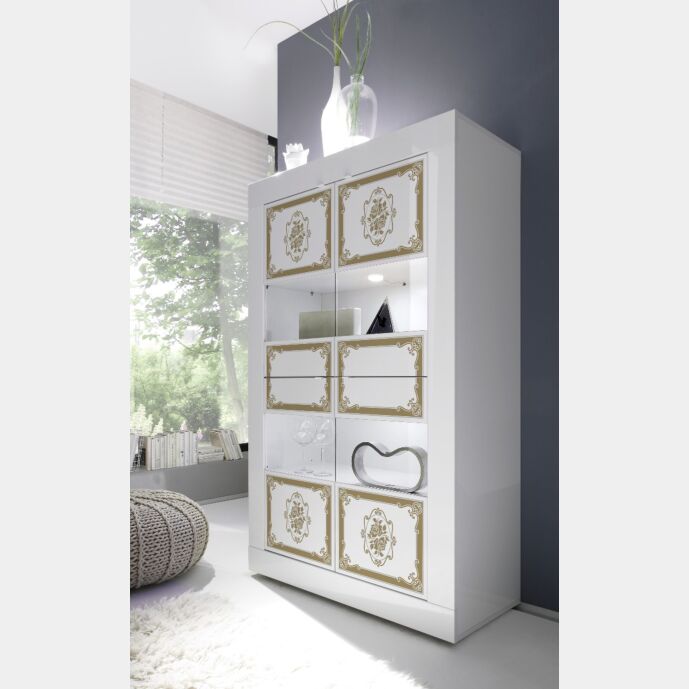 Vetrina 4 ante, bianco lucido con serigrafia dorata, Made in Italy