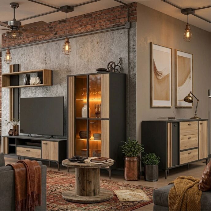 Soggiorno completo moderno, Rovere mauvella e Nero