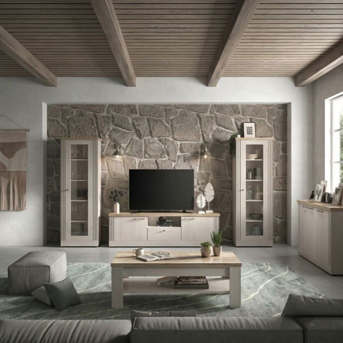 Soggiorno Shabby, porta tv vetrine e tavolino da caffè, Rovere meringa e Cadiz