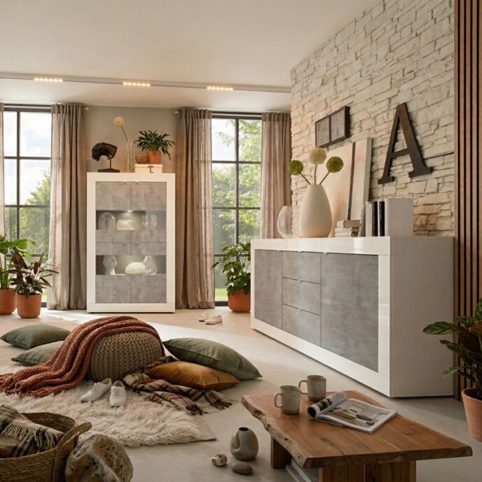 Sala da pranzo bianca lucida e Cemento moderna, con tavolo allungabile, madia e vetrina