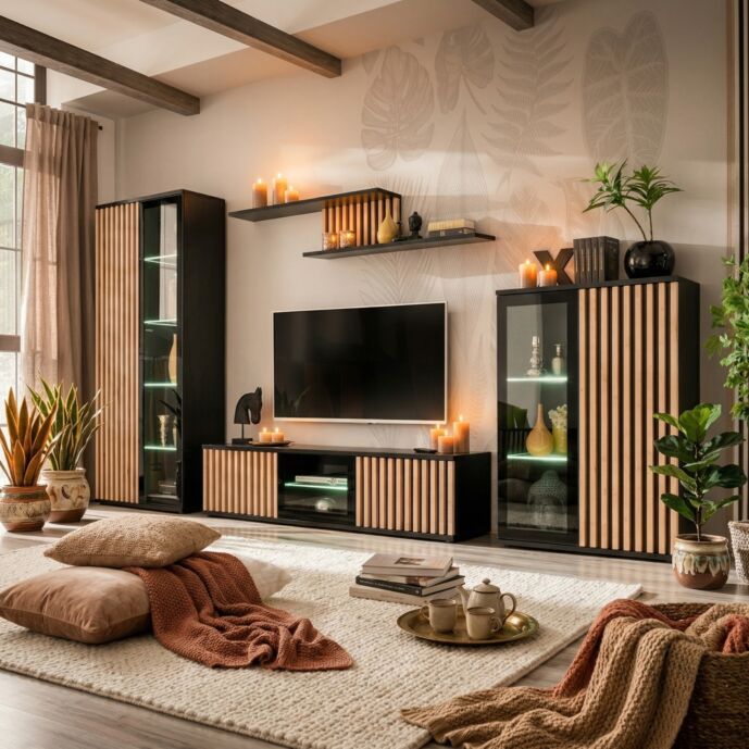 Soggiorno in Cannettato moderno, con madie e porta TV, Nero e Frassino olivato