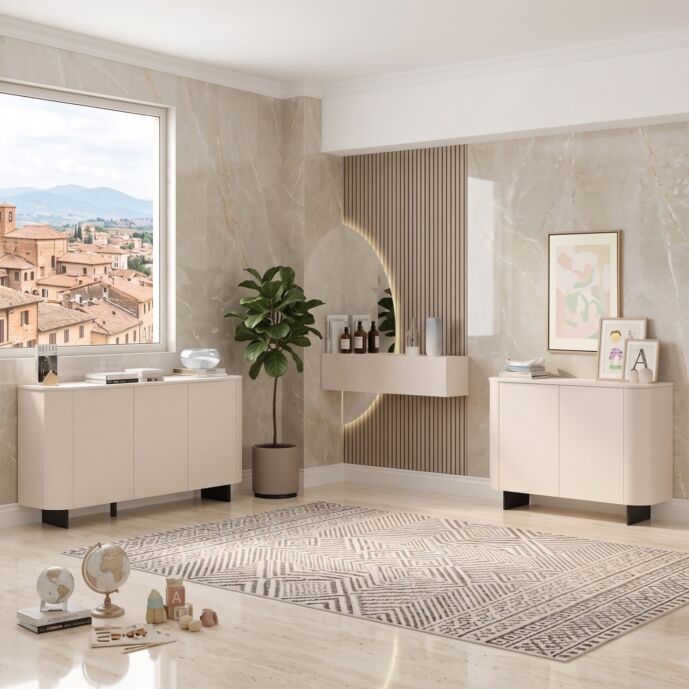 Insieme di 2 madie, in finitura Cashmere e con piedini color Lava, per il soggiorno