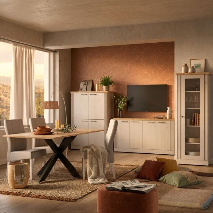 Soggiorno Shabby, scontato con tavolo, Rovere meringa e Cadiz