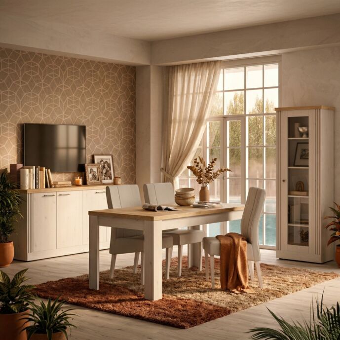 Soggiorno Shabby, madia vetrina e tavolo, Rovere meringa e Cadiz