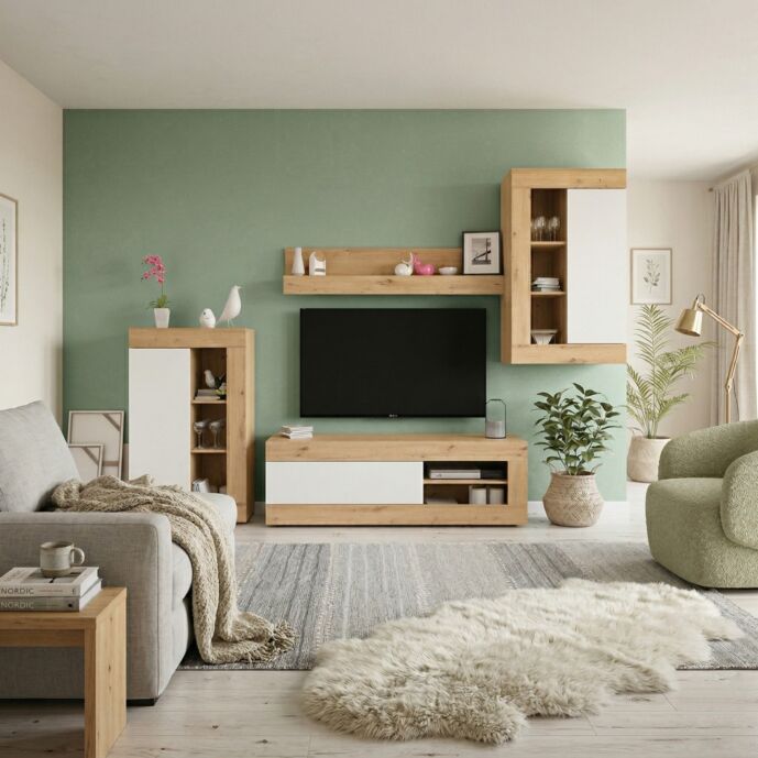 Soggiorno completo in offerta, finitura Rovere nodi e Bianco opaco