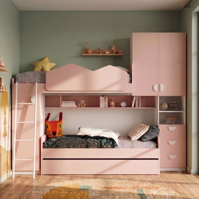 Letto soppalco cameretta, Bianco opaco e Flamingo, L.290