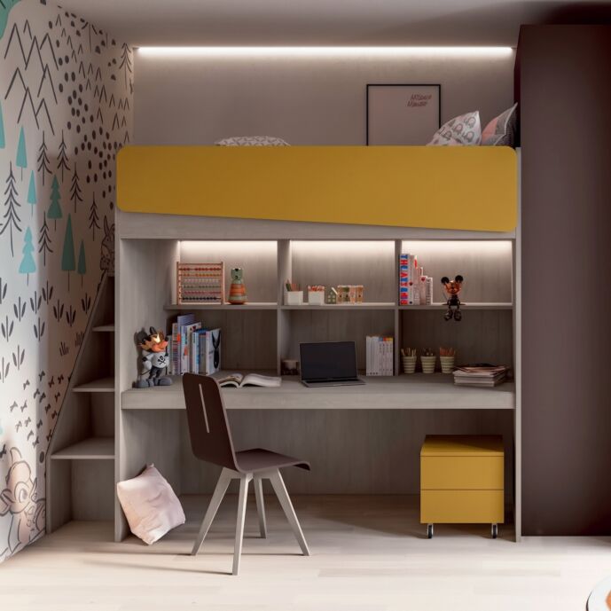 Letto soppalco con passerella, scaletta contenitiva e scrivania, L.239