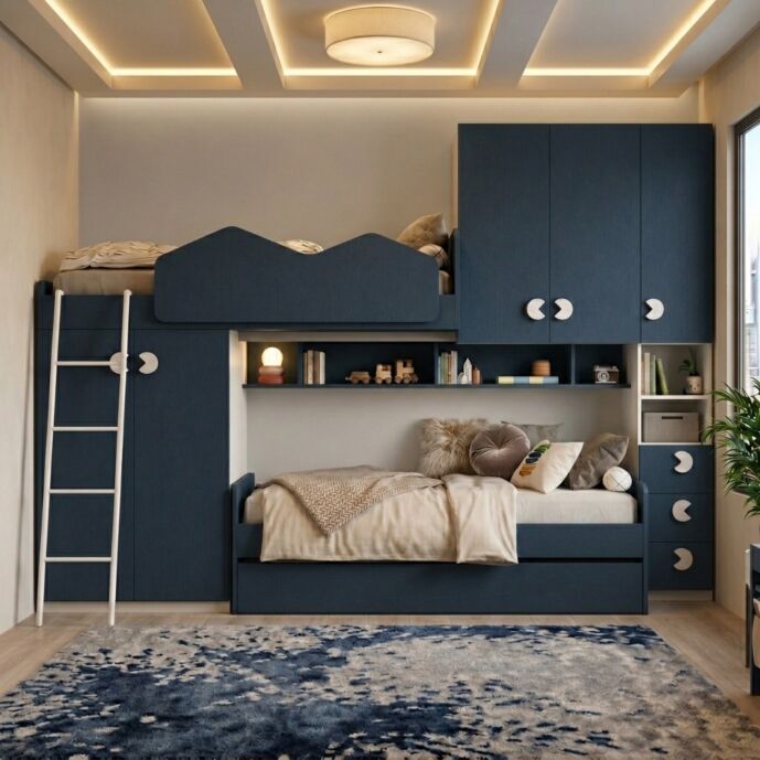 Letto salvaspazio a soppalco, Bianco opaco e Blu navy, L.335