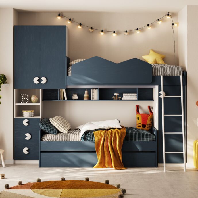 Soppalco per cameretta, Bianco opaco e Blu navy, L.290