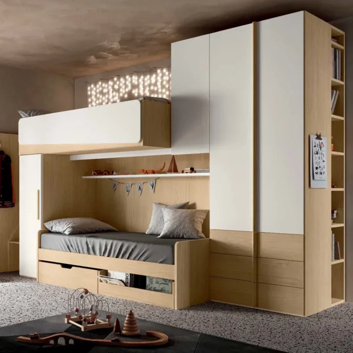 Cameretta soppalco con passerella, Rovere nordico e Bianco opaco