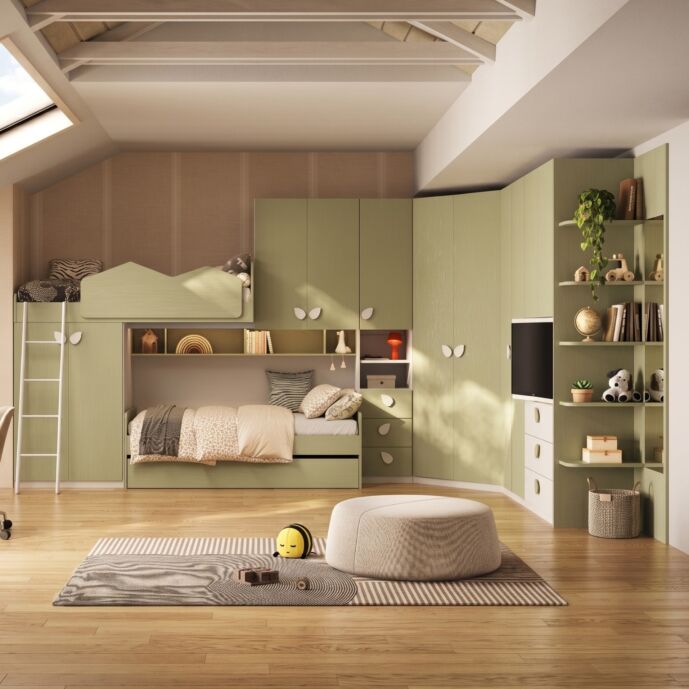 Cameretta a soppalco 3 posti letto con angolo e vano tv, Pistacchio e Bianco