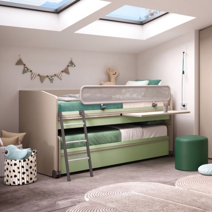 Letto Space Idea 2 cassetti e scrivania, Moretti Compact, Tortora e Menta