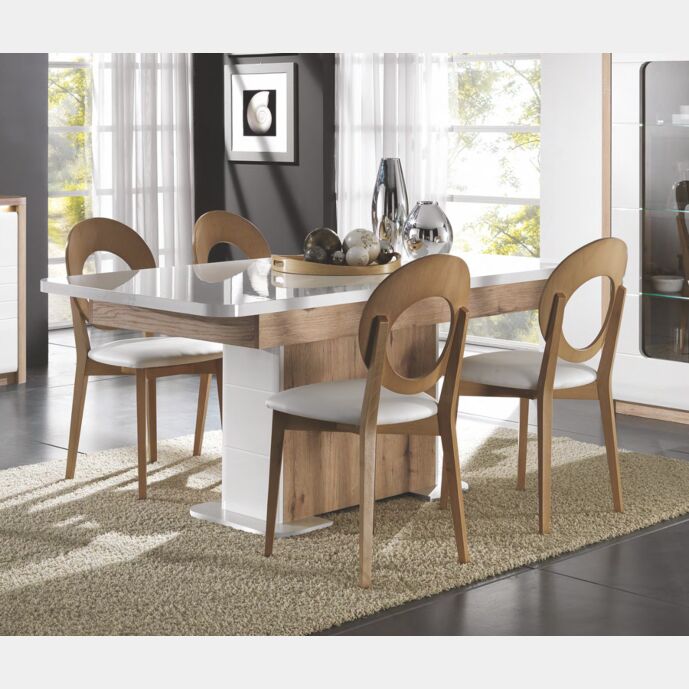 Tavolo moderno allungabile L.180, bianco lucido e rovere wellington