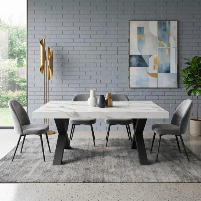 Tavolo allungabile con piano finitura Marmo Bianco