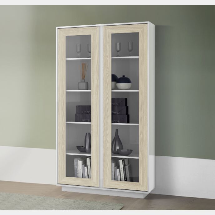Offerta vetrina Luminosa con 2 ante in finitura bianco lucido e olmo