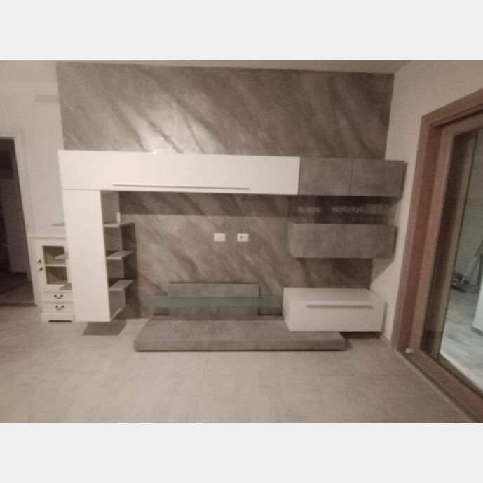 Conveniente Parete attrezzata moderna, finitura Bianco lucido e Cemento