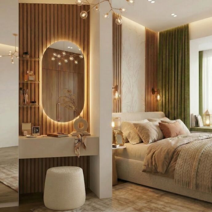 Postazione trucco con boiserie, mensole e cassetto, Noce caramello e Cashmere