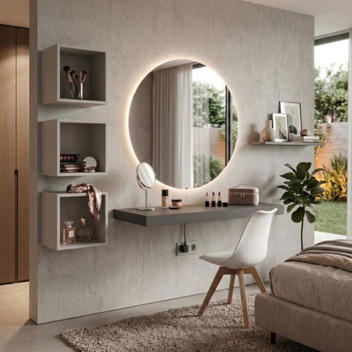 Postazione make up con vani e mensola, Grigio scuro e chiaro